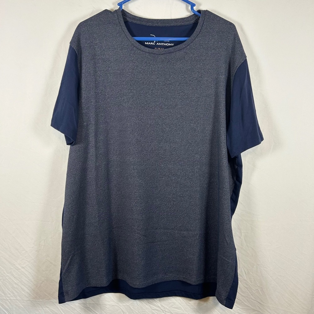 Marc Anthony Mens XXL Slim Fit Navy Blue Textured Mixed Media Short Sleeve Shirt